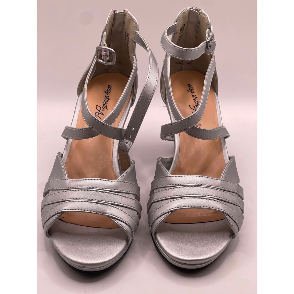 Easy Street Alive 5 Crissa Silver Satin Strappy Dress Heels Sandals Womens 9 M